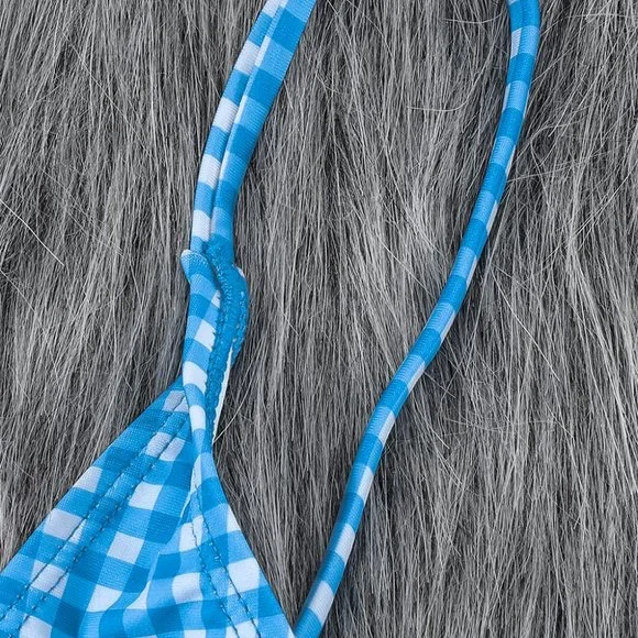 Sky Blue Plaid Ruffle Trim Triangle Bikini Set - Picture 13 of 15